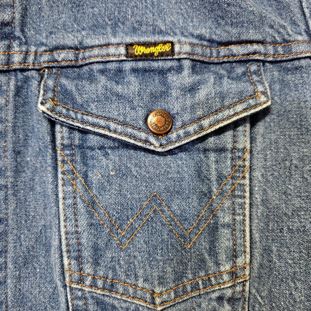 Vintage 70s Wrangler No Fault Denim Trucker Jacket USA Western Blue Mens 42 44 - Picture 5 of 12